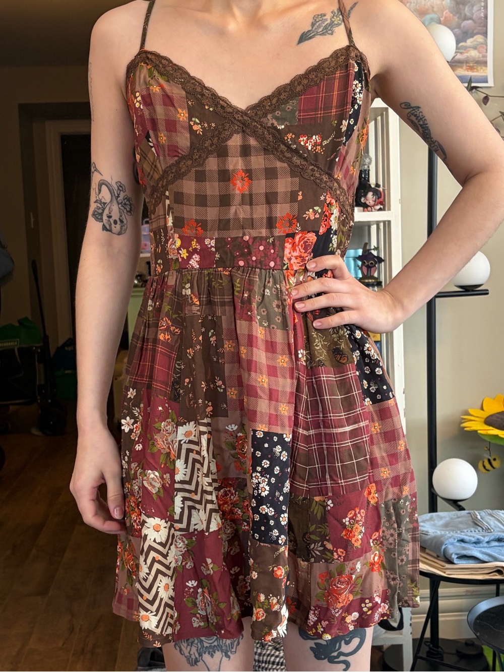 Patchwork Floral Spaghetti-Strap Mini Dress — Brown Multi
